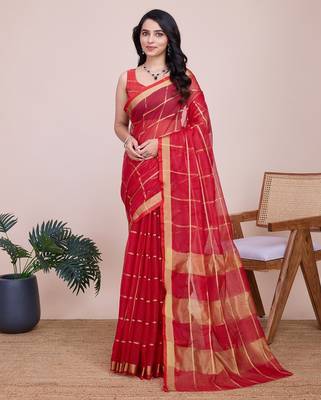 Red woven checkered striped cotton silk kota doria saree with blouse 1