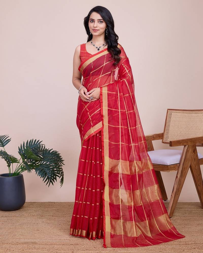 Red woven checkered striped cotton silk kota doria saree with blouse