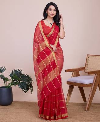 Red woven checkered striped cotton silk kota doria saree with blouse 2
