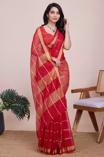 Red woven checkered striped cotton silk kota doria saree with blouse