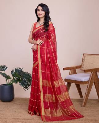 Red woven checkered striped cotton silk kota doria saree with blouse 3