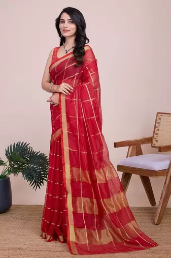 Red woven checkered striped cotton silk kota doria saree with blouse
