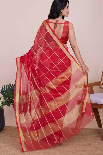 Red woven checkered striped cotton silk kota doria saree with blouse