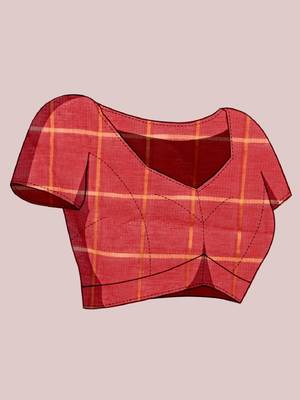 Red woven checkered striped cotton silk kota doria saree with blouse 5