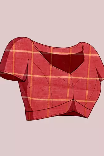 Red woven checkered striped cotton silk kota doria saree with blouse