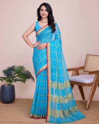 Sky blue woven checkered striped cotton silk kota doria saree with blouse 1