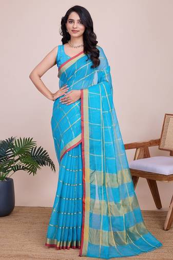 Sky blue woven checkered striped cotton silk kota doria saree with blouse