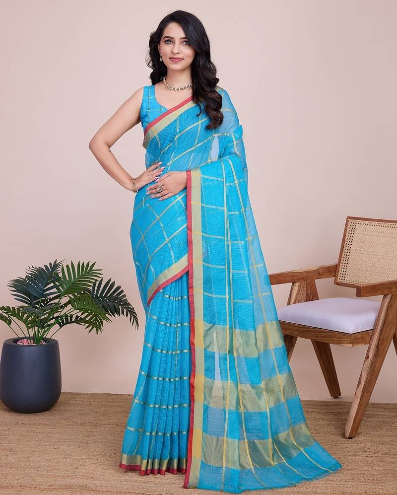 Sky blue woven checkered striped cotton silk kota doria saree with blouse