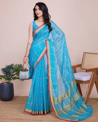 Sky blue woven checkered striped cotton silk kota doria saree with blouse 2
