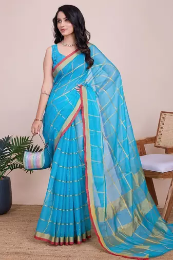 Sky blue woven checkered striped cotton silk kota doria saree with blouse
