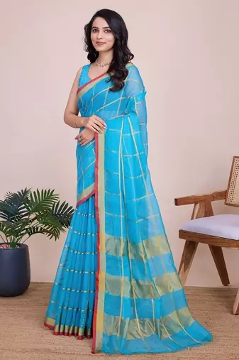 Sky blue woven checkered striped cotton silk kota doria saree with blouse