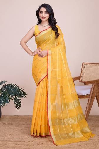 Yellow woven checkered striped cotton silk kota doria saree with blouse
