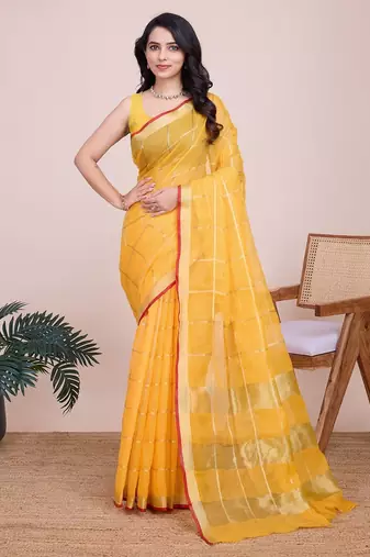 Yellow woven checkered striped cotton silk kota doria saree with blouse