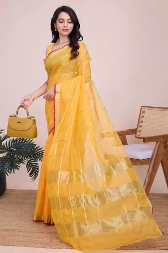 Yellow woven checkered striped cotton silk kota doria saree with blouse