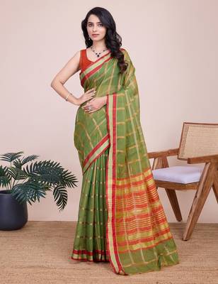 Mehendi woven checkered striped cotton silk kota doria saree with blouse 1