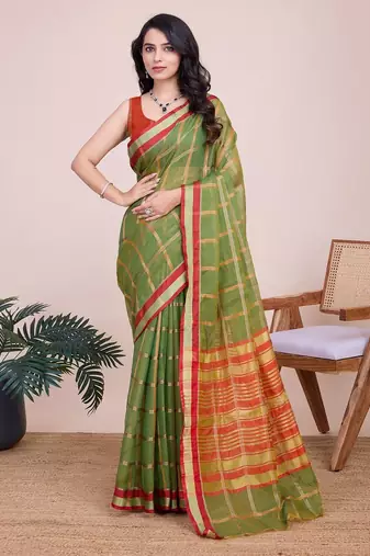 Mehendi woven checkered striped cotton silk kota doria saree with blouse