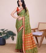 Mehendi woven checkered striped cotton silk kota doria saree with blouse