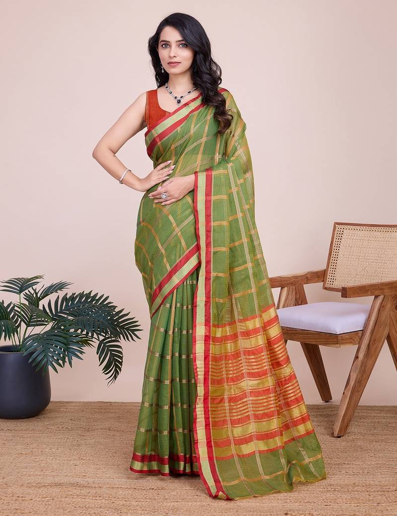 Mehendi woven checkered striped cotton silk kota doria saree with blouse