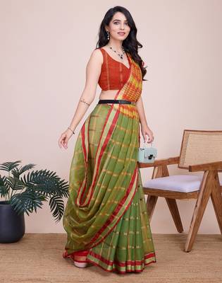 Mehendi woven checkered striped cotton silk kota doria saree with blouse 2