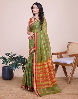 Mehendi woven checkered striped cotton silk kota doria saree with blouse 3