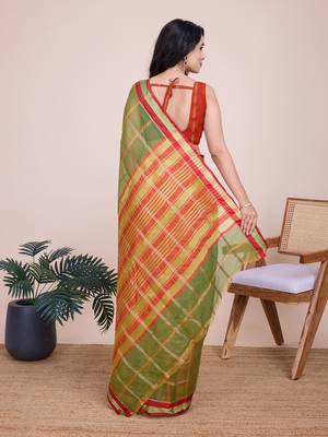 Mehendi woven checkered striped cotton silk kota doria saree with blouse 4