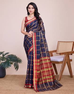 Navy blue woven checkered striped cotton silk kota doria saree with blouse 1