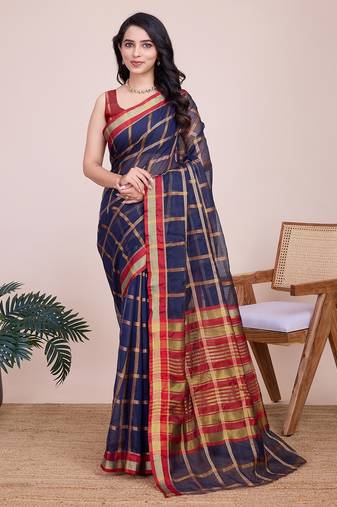 Navy blue woven checkered striped cotton silk kota doria saree with blouse