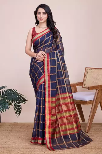 Navy blue woven checkered striped cotton silk kota doria saree with blouse