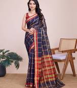 Navy blue woven checkered striped cotton silk kota doria saree with blouse