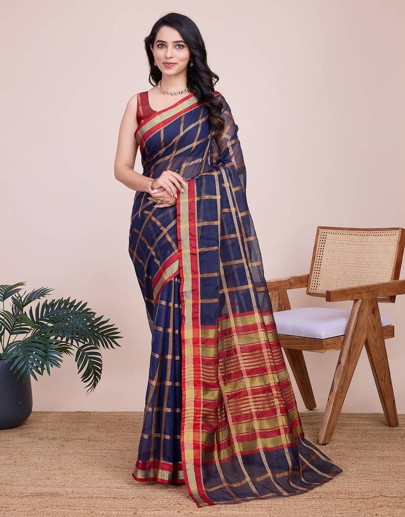 Navy blue woven checkered striped cotton silk kota doria saree with blouse