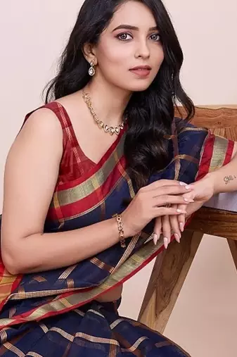 Navy blue woven checkered striped cotton silk kota doria saree with blouse
