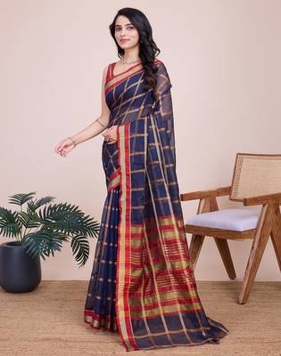 Navy blue woven checkered striped cotton silk kota doria saree with blouse 3