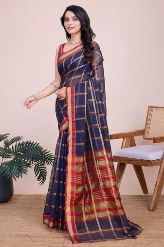 Navy blue woven checkered striped cotton silk kota doria saree with blouse