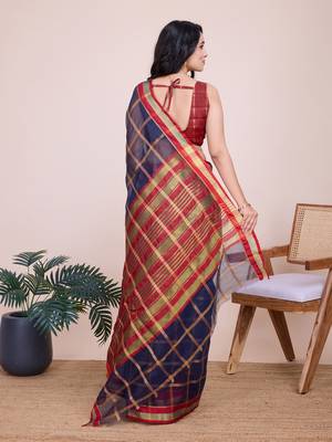 Navy blue woven checkered striped cotton silk kota doria saree with blouse 4