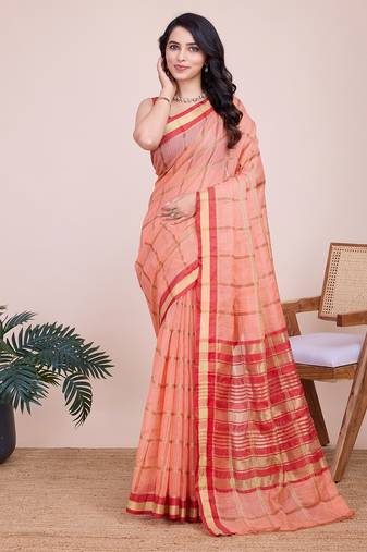 Peach woven checkered striped cotton silk kota doria saree with blouse