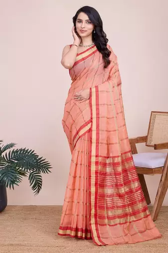 Peach woven checkered striped cotton silk kota doria saree with blouse