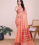 Peach woven checkered striped cotton silk kota doria saree with blouse