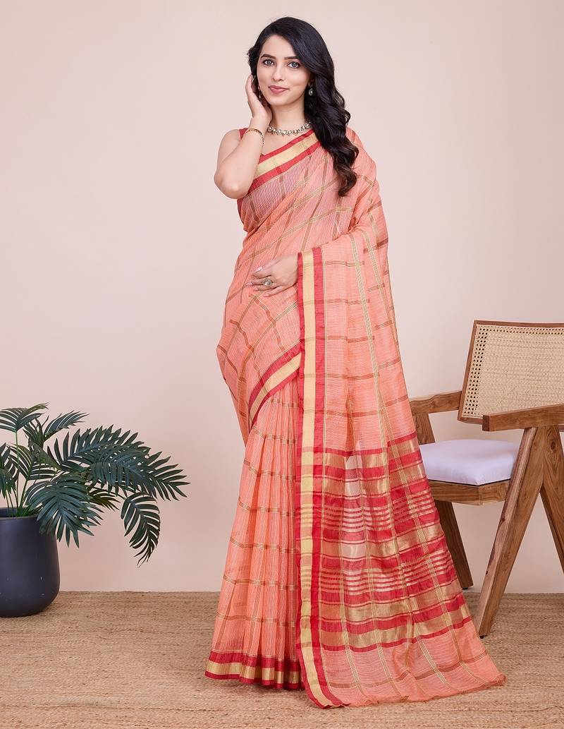 Peach woven checkered striped cotton silk kota doria saree with blouse
