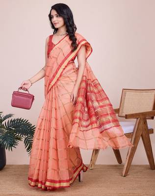 Peach woven checkered striped cotton silk kota doria saree with blouse 2