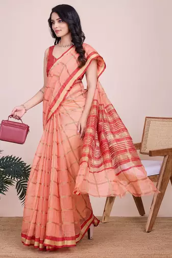Peach woven checkered striped cotton silk kota doria saree with blouse