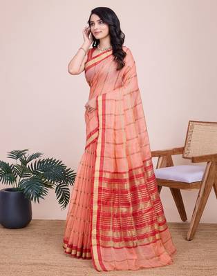 Peach woven checkered striped cotton silk kota doria saree with blouse 3