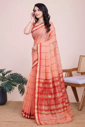 Peach woven checkered striped cotton silk kota doria saree with blouse