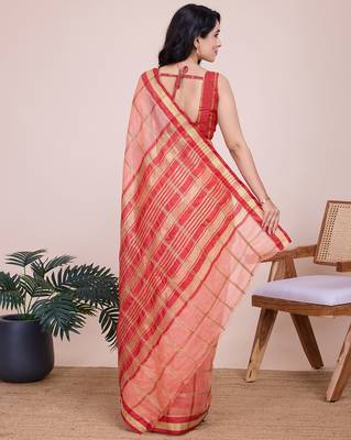 Peach woven checkered striped cotton silk kota doria saree with blouse 4