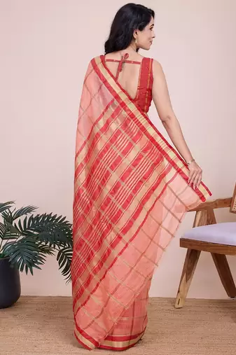 Peach woven checkered striped cotton silk kota doria saree with blouse
