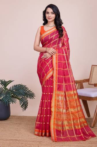 Pink woven checkered striped cotton silk kota doria saree with blouse