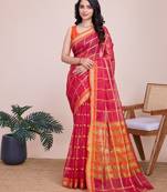 Pink woven checkered striped cotton silk kota doria saree with blouse