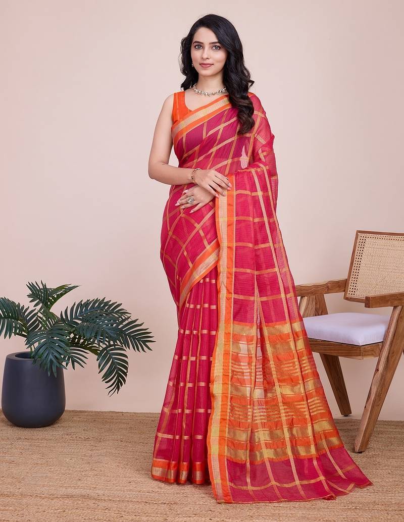Pink woven checkered striped cotton silk kota doria saree with blouse
