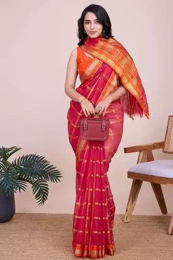 Pink woven checkered striped cotton silk kota doria saree with blouse