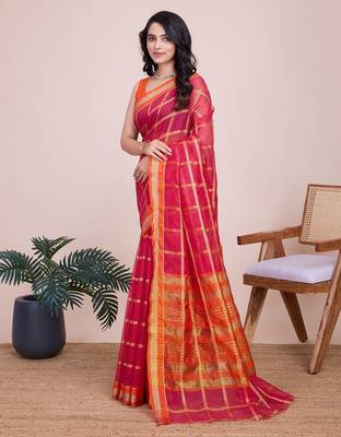 Pink woven checkered striped cotton silk kota doria saree with blouse 3