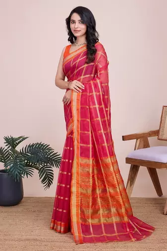 Pink woven checkered striped cotton silk kota doria saree with blouse